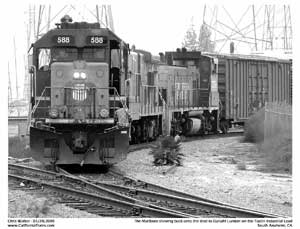 UP 588 seen here shoving back to Ganahl Lumber on the west end of the Tustin Branchline..