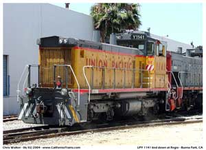 UPY 1141 tied down just west of Regio. This is the normal tie down spot for this train. If it is not here, then they are out working a job in Buena Park or Norwalk