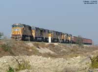 UP 4687 and 6 other engines bringing a Herzog train down the Cajon Pass on the Palmdale cutoff.