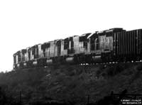 UP 4687 leads the train into the sun for this black and white image of the engines.