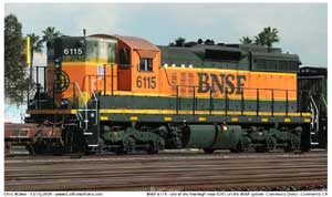 BNSF 6115 was the other engine in the group of engines that were for the yard and local pool. The BNSF 6115 did make one run out of the Commerce yard with one of the sw1500's. This was reportadly to take a baretable train out to Esperanza for storage.