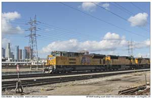 UP 8509 on the east bank of the LA River between 4th Street yard and the MTA Subway yard on the west bank.